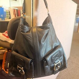 Michael Kors Black Leather Hobo Shoulder Bag with Front Buckle Pockets